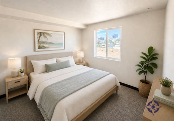 A bedroom with a large bed, a nightstand with a lamp, a plant, and a framed picture on the wall.