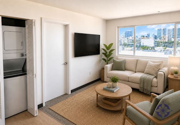 A living room with a couch, chair, and television.