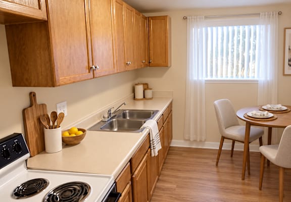 A kitchen with wooden cabinets and a white stove top oven.