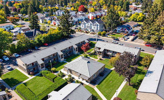 A bird's eye view of a residential area with houses and trees.