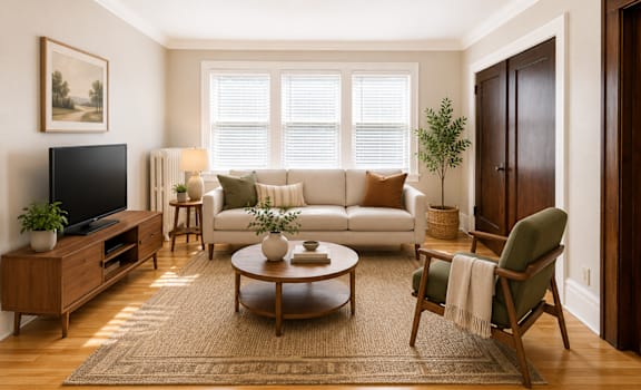 A living room with a white couch, a coffee table, a television, and a potted plant.