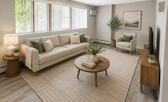 A living room with a couch, a chair, a coffee table, and a television.
