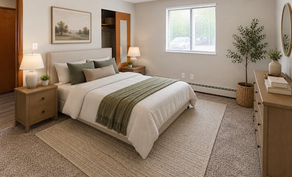 A bedroom with a large bed, a nightstand with a lamp, and a small tree.