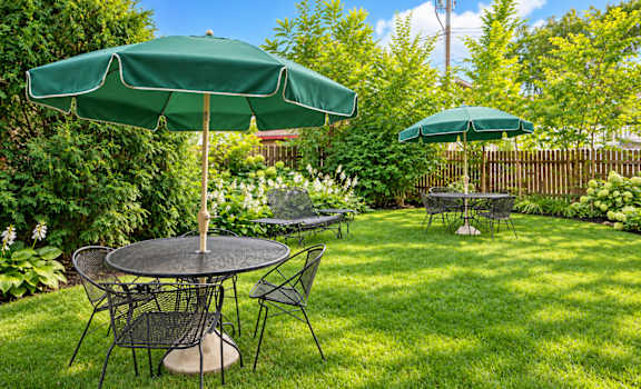 A green umbrella is over a table with chairs in a grassy backyard.