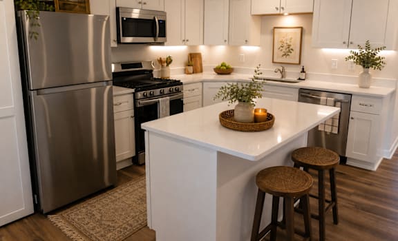 A modern kitchen with white cabinets and a central island.