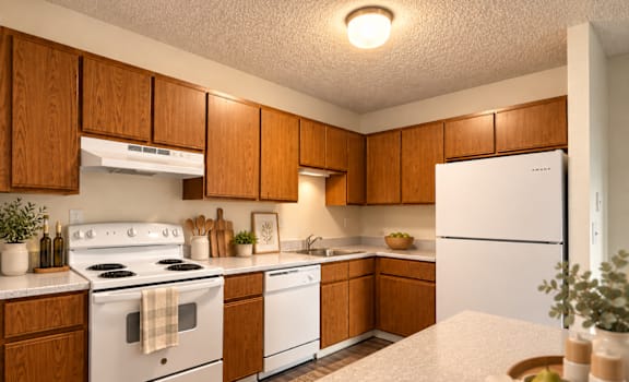A kitchen with white appliances and wooden cabinets.