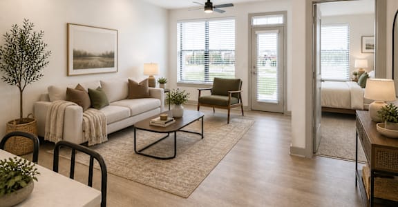 A living room with a white couch, a coffee table, and a ceiling fan.