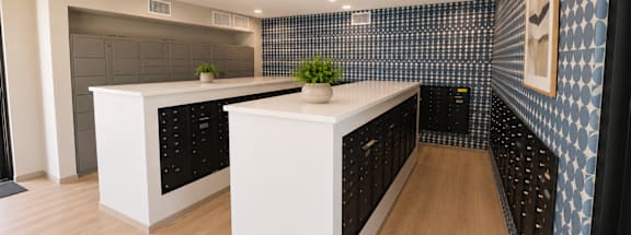 A kitchen with a white counter and black cabinets.