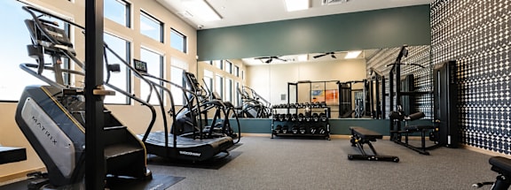 A gym with treadmills, elliptical machines, and other exercise equipment.