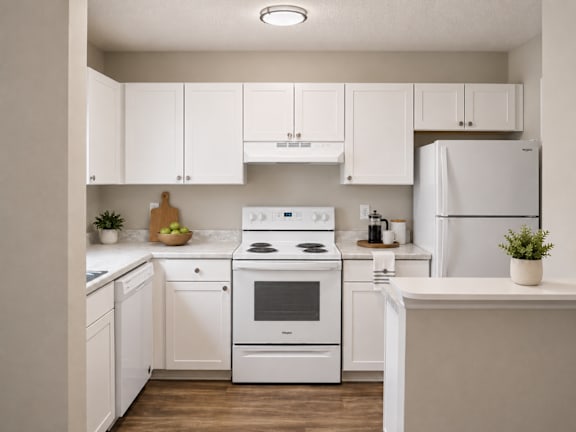 A white kitchen with a stove, oven, and refrigerator.