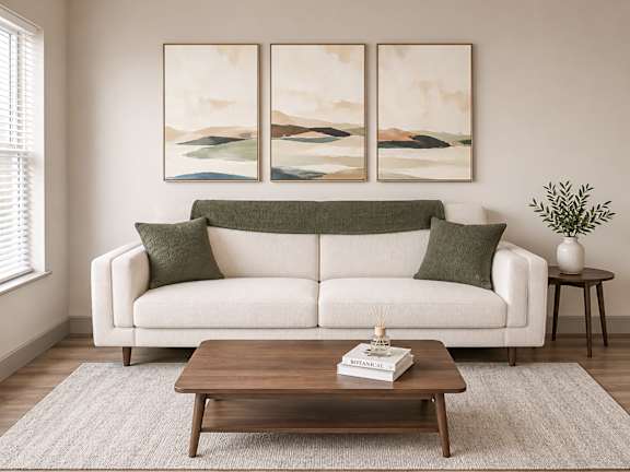 A living room with a white couch, a coffee table, and two paintings on the wall.