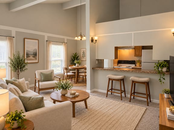 A living room with a couch, chairs, and a coffee table at Lifestyle at Shreveport in Shreveport, LA, 71109.