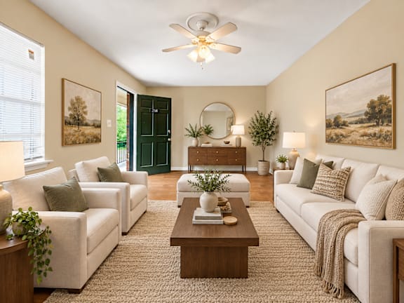 A living room with a white couch, a coffee table, and a ceiling fan at Signature Collection in Tuscaloosa, AL, 35405.
