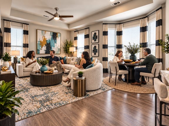A living room with a large painting on the wall and a round coffee table in the center.