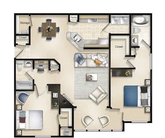 Camden II (2Bed / 2Bath / Sunroom) Floor Plan at Brittany Commons Apartments, Spotsylvania, Virginia