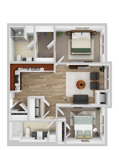 Floor Plan  A floor plan of a house with a kitchen, living room, and bedrooms.