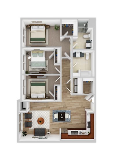Floor Plan  A floor plan of a house with three bedrooms and a living area.