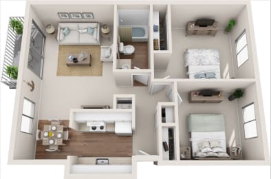 Cottage 2B/1B 3D Floor Plan at Summerfield,7224