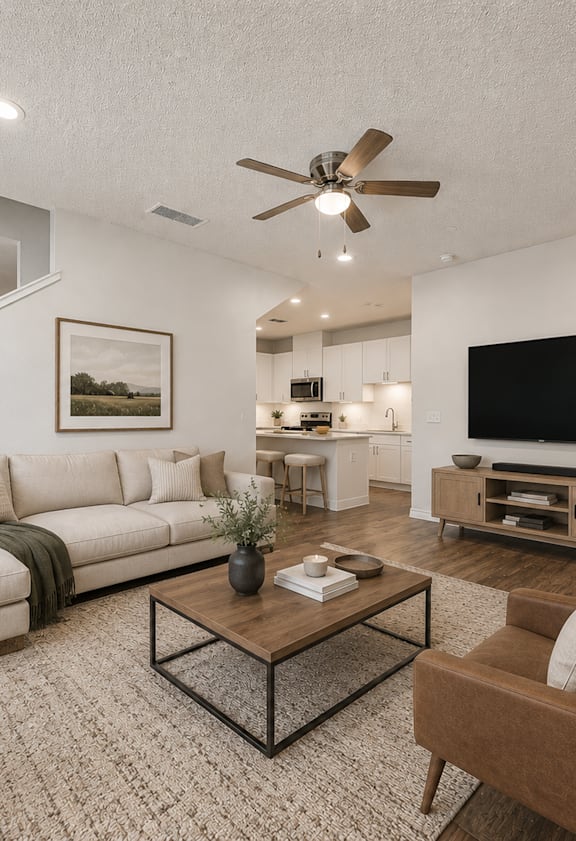 A bedroom with a large bed, a television, and a ceiling fan.