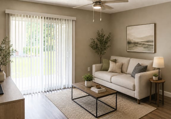 A living room with a couch, a coffee table, and a ceiling fan.