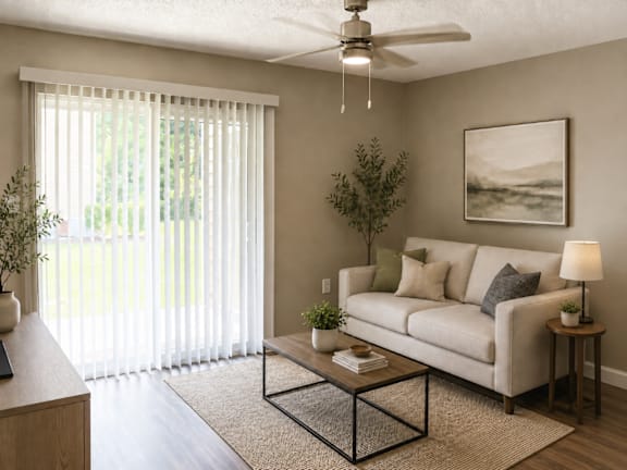 A living room with a couch, a coffee table, and a ceiling fan.