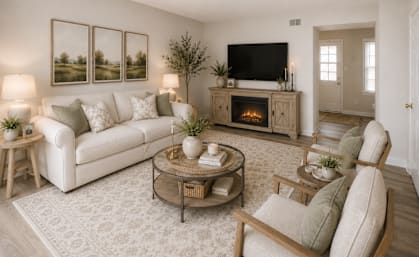 A living room with a fireplace, a couch, a chair, and a coffee table.