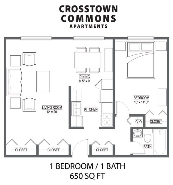 Floor Plan  Crosstown Commons 1 bedroom floor plan layout