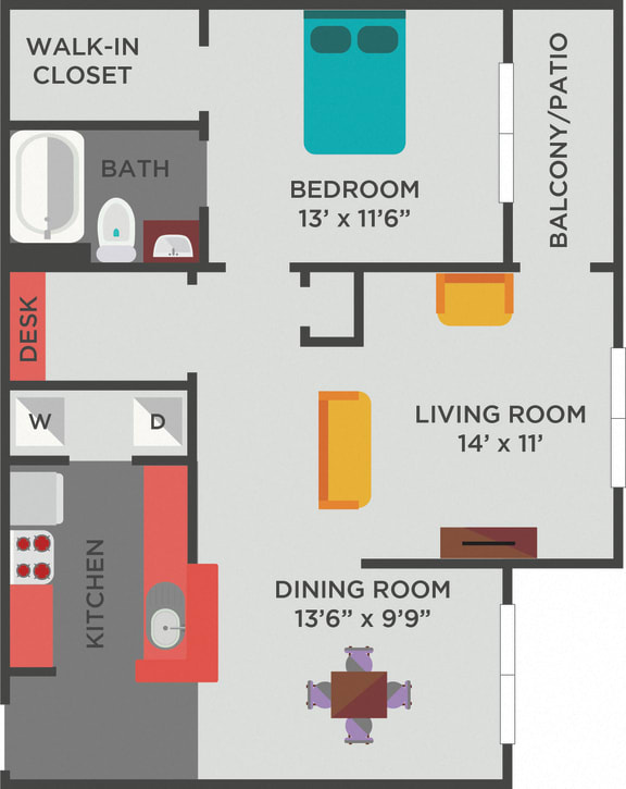 The Ashford A2 Floorplan 1 Bedroom 1 Bath 844 Total Sq Ft at The Shallowford Apartment Homes, Chattanooga, TN 37421