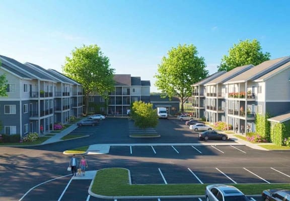 A street view of a residential area with cars parked and a person walking.