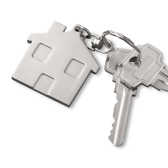 a pair of keys with a house keychain