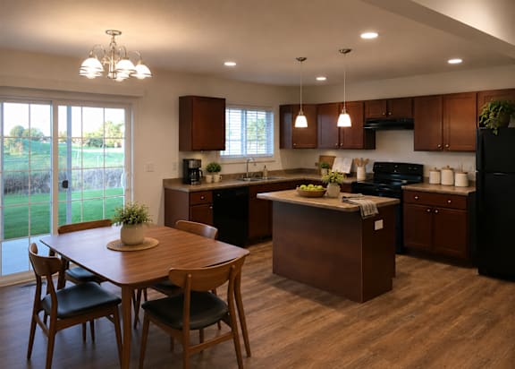 A kitchen with wooden floors and brown cabinets.