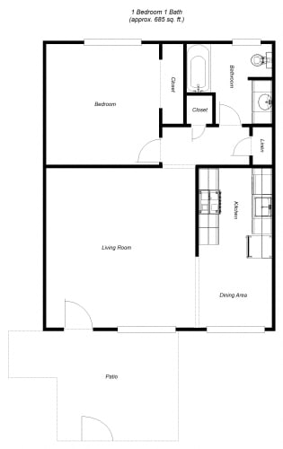 Floor Plan  1 Bedroom floor plan for Meritage Apartments