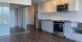 a kitchen with a stove and a refrigerator and a microwave