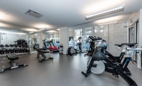 a gym with cardio equipment and weights in a building