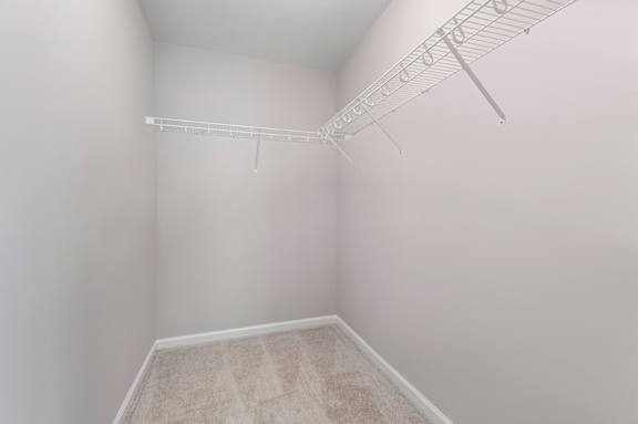 A white closet with a carpeted floor and a white shelf.