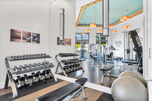 Health club with Precor treadmills, ellipticals, stair climber, strength and circuit-training equipment at The Beacon at Waugh Chapel, Maryland