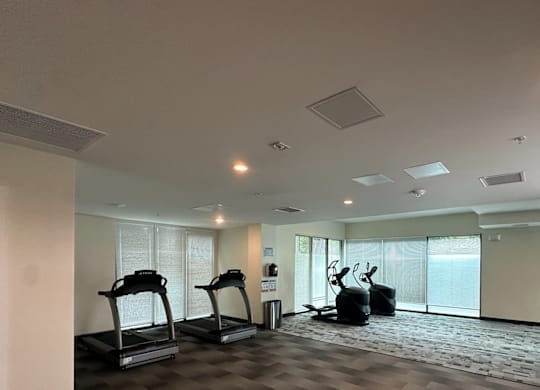 A gym with treadmills and exercise equipment.