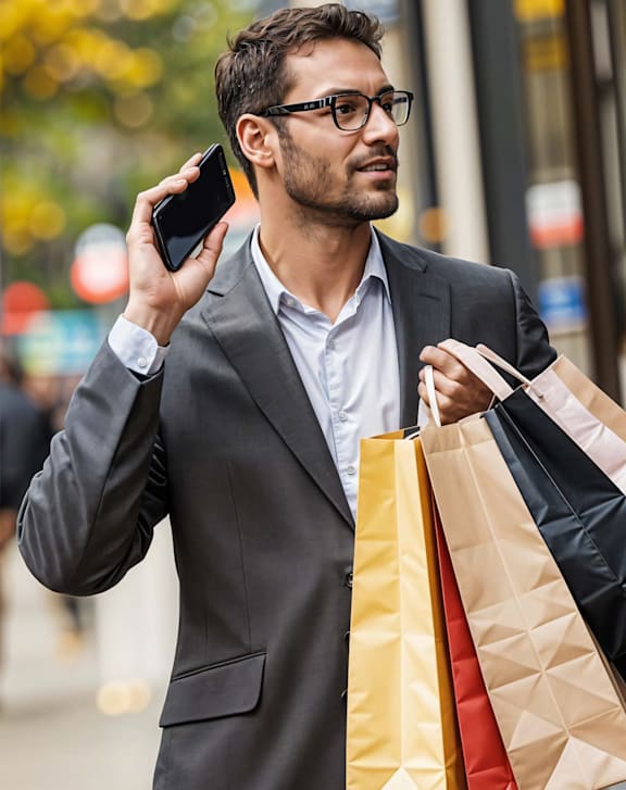 Man Walking while Holding Phone and Shopping Bags
