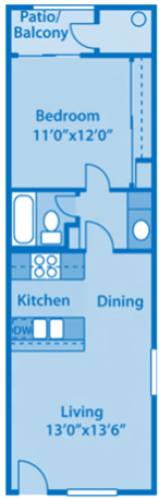 Canyon Creek 1B Floor Plan image depicting layout with living room at the bottom, kitchen, dining area and bathroom in the middle, with bedroom at the top.