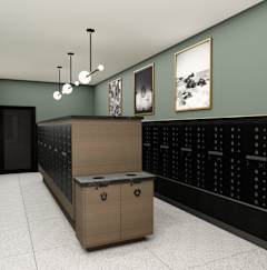 A modern kitchen with a black fridge and wooden cabinetry at Two 10 by Vintage, Shoreline, WA 98133