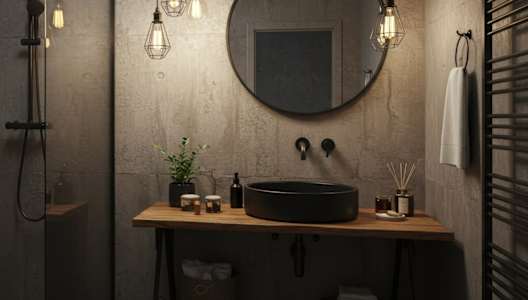 A bathroom with a round mirror, a sink, and a shower.