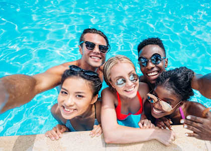 a group of people in a swimming pool