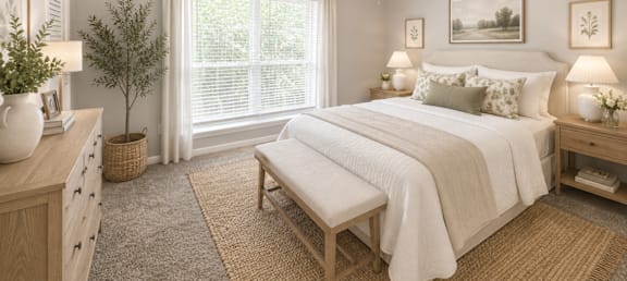 A bedroom with a bed, nightstand, and window.