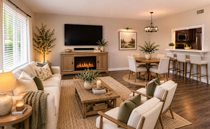 A cozy living room with a fireplace and a television.