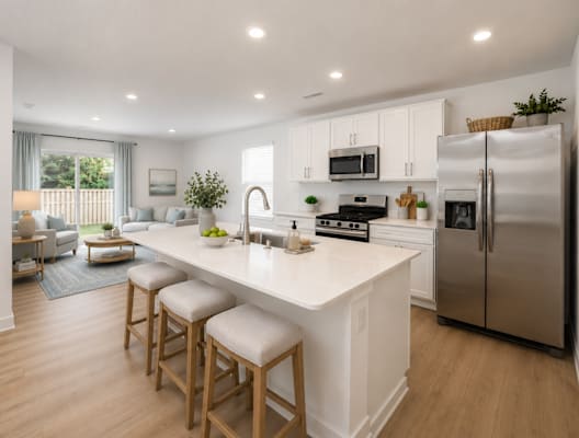 A modern kitchen with white cabinets and stainless steel appliances.