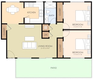 2 Bedroom 1 Bathroom Floor Plan at 720 North Apartments, Sunnyvale, 94085