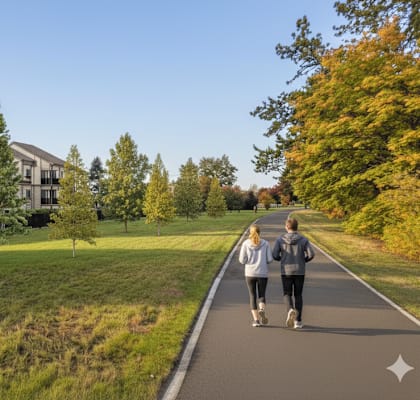 Two people are walking on a path in front of a row of houses.