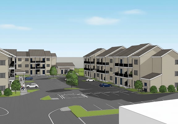 A rendering of a modern apartment complex with a parking lot in front.