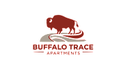 A logo for Buffalo Trace Apartments features a buffalo standing on a circular path.