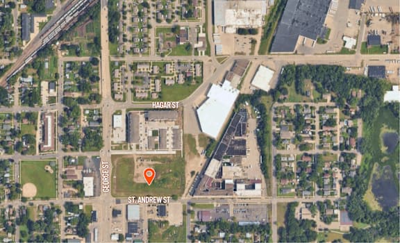 A satellite image shows a street intersection with Hagar Street and St. Andrew Street.